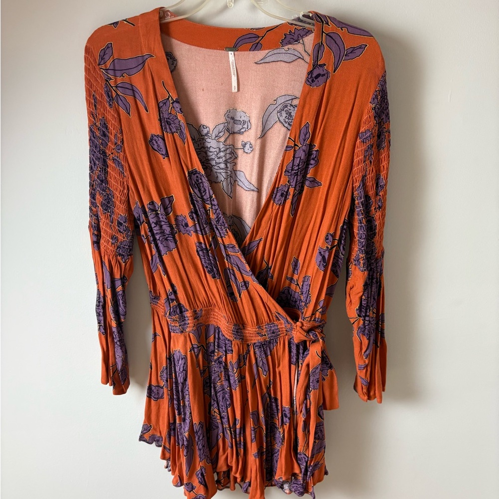 Free People Orange and Purple Floral Wrap Mini Dress